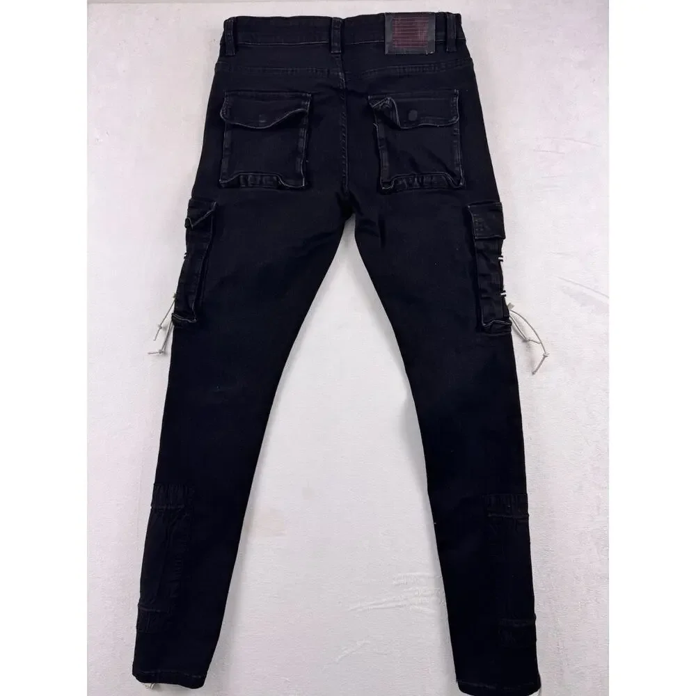 Serenede Poppy Cargo Denim Jeans Sz 32 Bungee Lace-Up Pockets Faded Black EUC